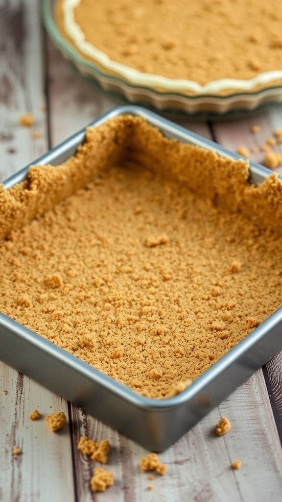 Baked Graham Cracker Crust for 9x13 Pan Baked graham cracker crust in a 9x13 pan, golden and crumbly, on a rustic wooden table.